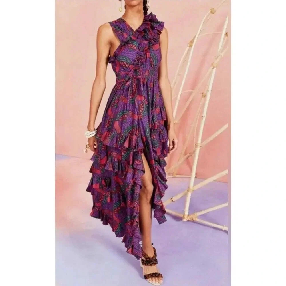 NWT Ulla Johnson IMOGEN Purple Print Ruffle Asymmetrical Midi Dress Size… - Picture 8 of 16